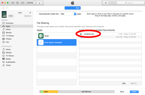 iPad file sharing in iTunes